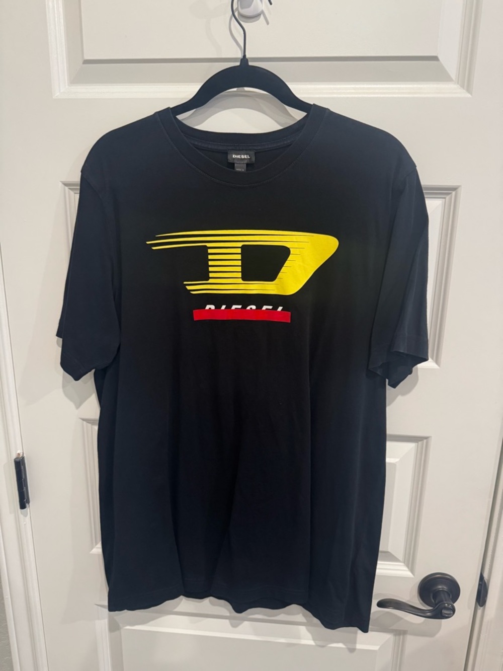Diesel Black Short-Sleeve Tee with Yellow Logo and Red Accent